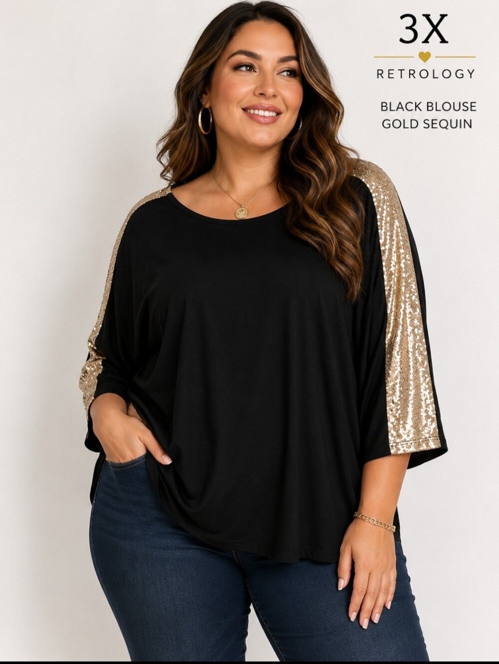 Black blouse gold sequin 3X